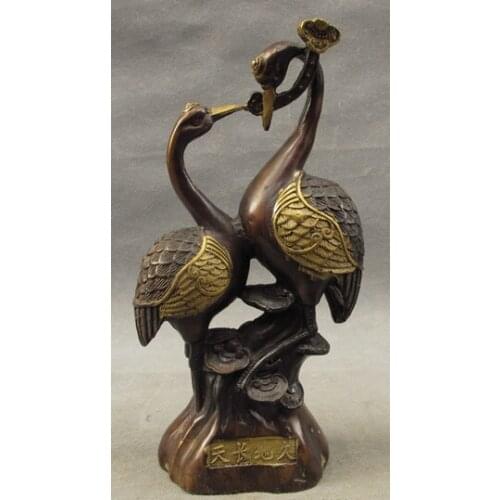Wholesale factory 9" Chinese Bronze Gilt Decoration RuYi Decoration Brass Longevity 2 Bird Crane Statue 25% off