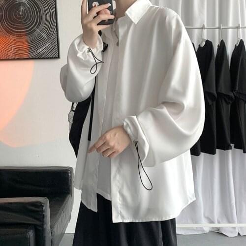 Autumn Black/White Ice Silk Shirt Mens Fashion Society Mens Dress Shirt Korean Loose Long-sleeved Shirt Men Casual Shirt M-3XL