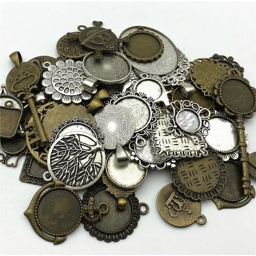 30Grams Blank Setting Base Tibetan Silver Bronze Mixed Designs Pierced Cabochon Base Setting Charms Pendant Jewelry Making