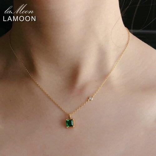 LAMOON 925 Sterling Silver Synthetic Emerald Necklace For Women Retro Princess Cut Stone 14K Gold Plated Fine Jewelry LMNI097