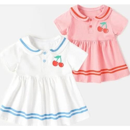 Toddler Girls Dress Summer New Kids Girl Doll Collar Striped Cotton Dress Cute Cherry Print Princess Dress for Girl Baby Clothes
