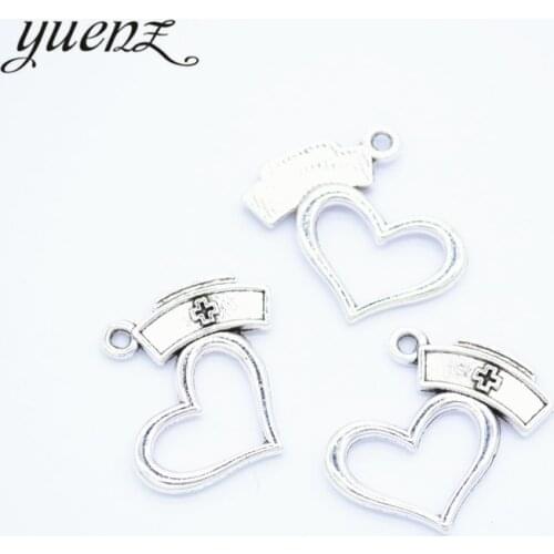 YuenZ 15pcs Antique Silver color Heart-shaped Nurse hat Charms Metal Pendants Jewelry Making Accessories 21*23mm N162