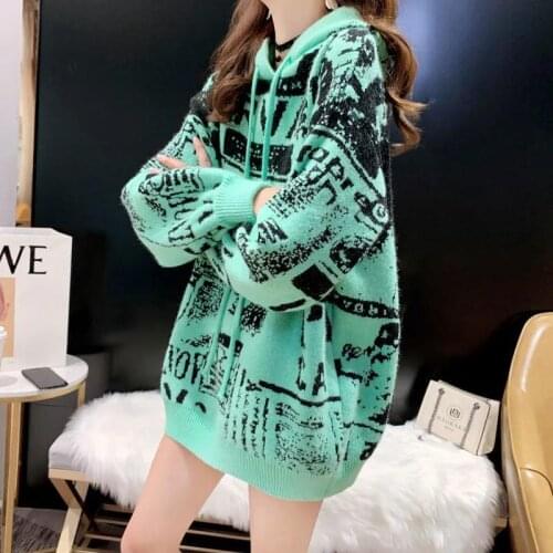 Casual Letter Hip Hop Knit Sweater Ladies Lazy Wind Coat Harajuku Jacket Autumn 2021 Korean Style Elegant Loose Pullover Hoodie