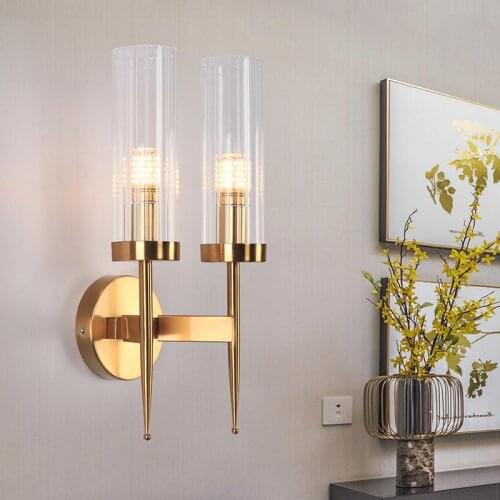 Modern Double Head Gold Wall Lamps Tube Glass Shade Corridor Wall Light Fixuture Living room Bedside Bathroom LED Wall Sconces