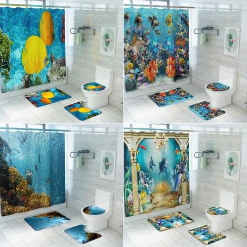 Seabed Colorful Fish Fabric Shower Curtain Ocean World Bath Screen Bathroom Curtains Non-Slip Rugs Toilet Lid Cover Mat Carpet