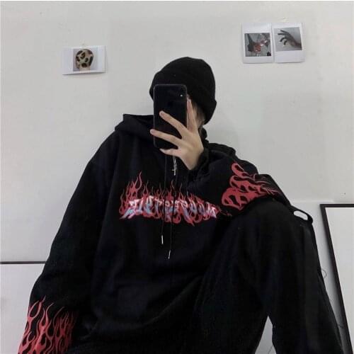 Womens hoodie casual sweatshirt sleeve black female hoodies loose thick coat hoody tracksuit clothes top clothing Flame print