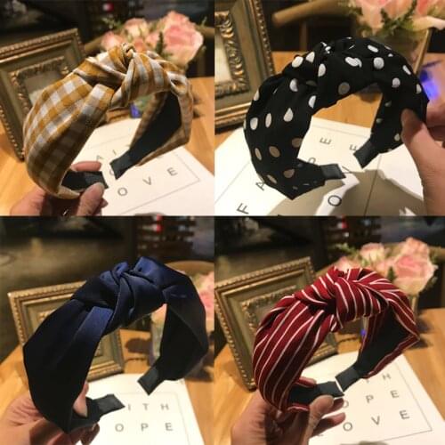 New Arrival Womens Headbands For Hair Accessories Plaid Striped Dot Solid Wide Knotted Hairbands Fashion Female Headwear