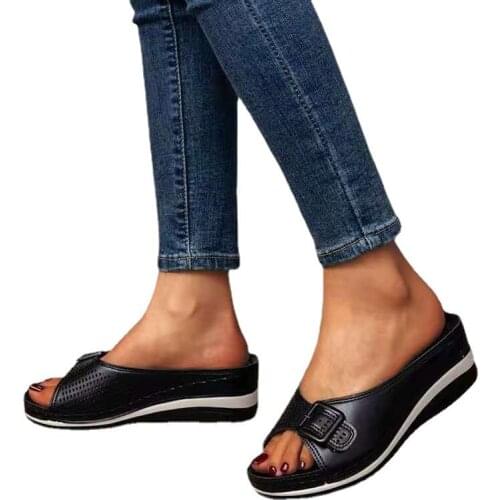 Womens Summer Wedge Belt Buckle Slipper Slanted Heel Fish Mouth Casual Beach Ladies Shoes Female Flip Flops Platform Sandals