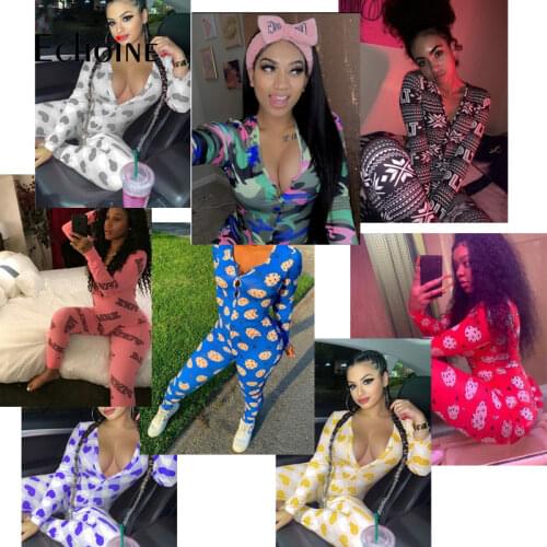 Echoine Womens Sexy Home Onesies Jumpsuit Sleepwear Floral long Sleeve V Neck Bodycon Jumpsuit Bodysuit Romper trousers Overalls