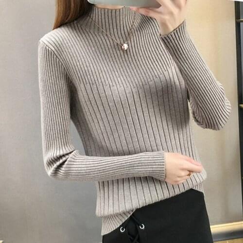 Half Turtleneck Knitted Sweaters Women Slim Stripe High Elastic Fall Winter Fashion Warm Sweater Korean Women Pullovers Clothes