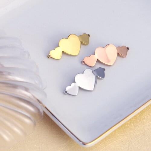 100% Stainless Steel Three Heart Charm Connector Blank For Engrave 2 Hole Metal Heart Tag Connector Mirror Polished 20pcs