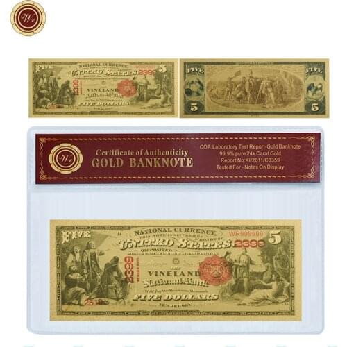 WR America 5 Dollar Colorful Gold Foil Banknote with PVC Coa Frame USD Fake Money Bills Unique Souvenir Gifts Dropshipping