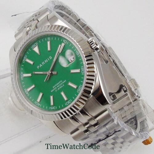 New Arrival luxury Parnis 39.5mm Automatic Mens Watch MIYOTA 8215 Date Green Dial Sapphire Glass Jubilee Bracelet Coin Bezel