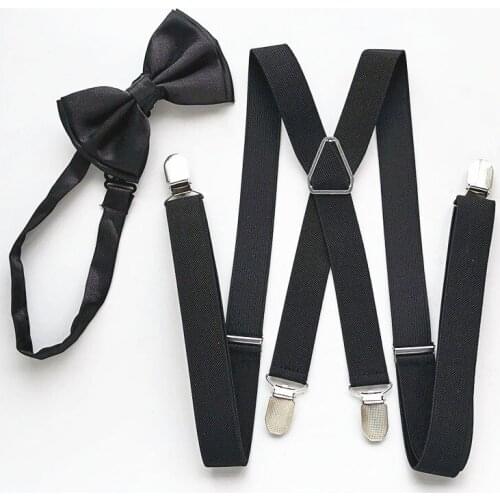 Black Men Suspender Bow tie Sets High Elastic Strap Strong 4 clips-on suspenders Neck tie set Adult Women Wedding LB002