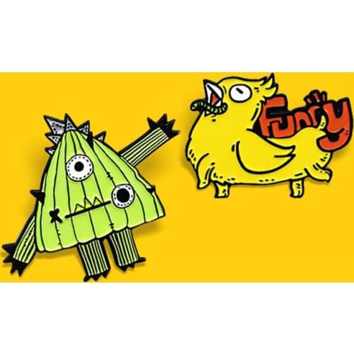 Animal Plant Monster Enamel Pin Funny Yellow Chickens eat worms Green Cactus monster doll Brooches Lapel Badge Jewelry for Kids