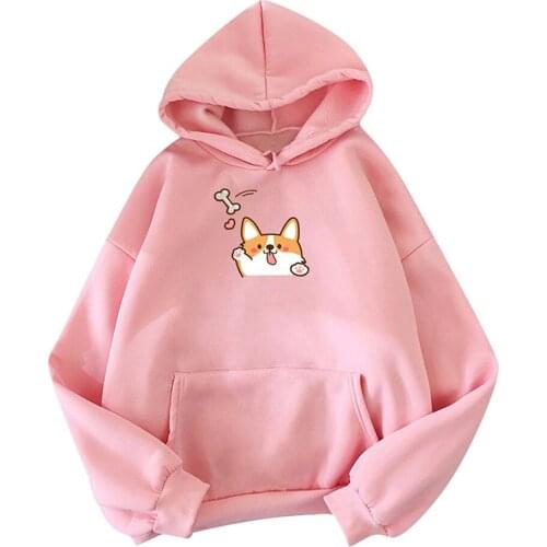 Harajuku Cartoon Shiba Inu Print Women Fleece Hoodies Hooded Pullover Sweatshirts Warm Autumn Winter Teens Tops Pink Clothing