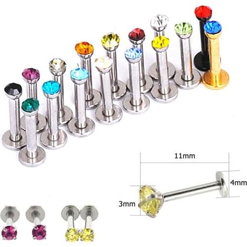 Mix Color New Year Trendy 1.4*11mm Surgical Stainless Steel 16 Gauge Crystal Labret Balls Lip Piercing Rings Jewelry Earrings