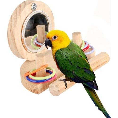 Creative Bird Cage Perches Stand Toy With Mirror Interactive Parrot Training Intellectual Toys With Colorful Rings Pet Birds Toy