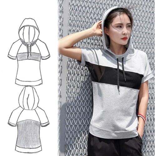 New Womens Sports Jacket Autumn Loose Breathable Stretch Running Fitness Short-Sleeved Hooded Loose with Sexy Mesh
