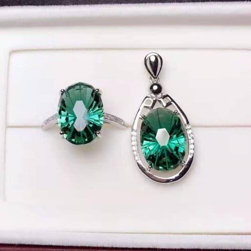 Fashion High-quality Fireworks Green Crystal Ring Pendant Necklace Set S925 Sterling Silver Fine Wedding Jewelry Women MeiBaPJFS