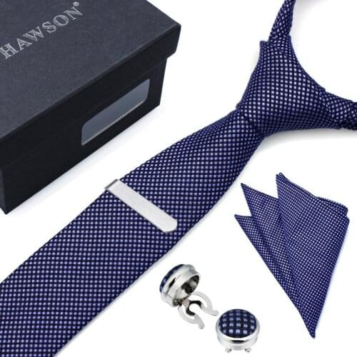 HAWSON Blue Polyester Plaid Necktie Set with Pocket Square Tie Clip Button Cover Cuff Link For Men, Mens Gift, Mens Deco