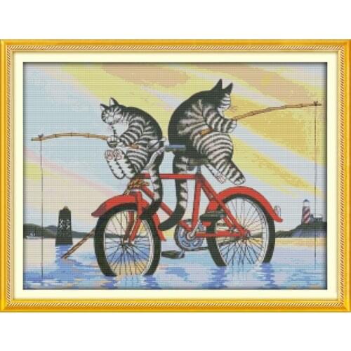 The fishing cats cross stitch kit 14ct 11ct pre stamped canvas embroidery DIY handmade needlework