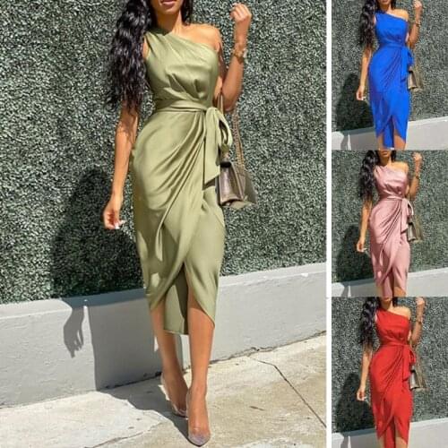 New Dress Spring Autumn Oblique Shoulder Womens Irregular Straps Ruched Dress Womens Fashion Trend Belt DressPlus Size