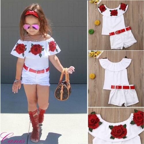 Toddler Baby Girl Clothes Flower Off Shoulder Ruffled Tops+Denim Ripped Shorts 2PCS Outfits Summer Clothes