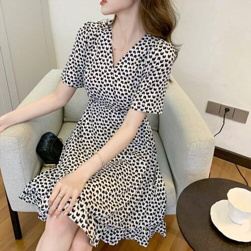 New Print Dress Women Elegant V-neck Puff Sleeve Chiffon Midi Dress Ladies Summer Korean Style Fashion Rufffle Dresses