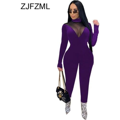 Sheer Mesh Velvet Rompers Womens Jumpsuit Fashion High Necked Full Sleeve One Piece Bodysuit Vintage See Through Bodycon Catsuit