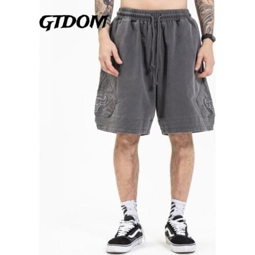 GTDOM Men Summer 2021 New Shorts Cotton Vintage Casual Cattle Head Embroidery Elastic Waist Belt Basketball Sports Pants