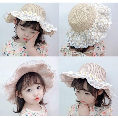 2-6Y Children Sunflowers Print Lace Sun Hats Straw Hat 4 Colors Toddler Kids Princess Beach Sunscreen Cap шляпа женская кепка