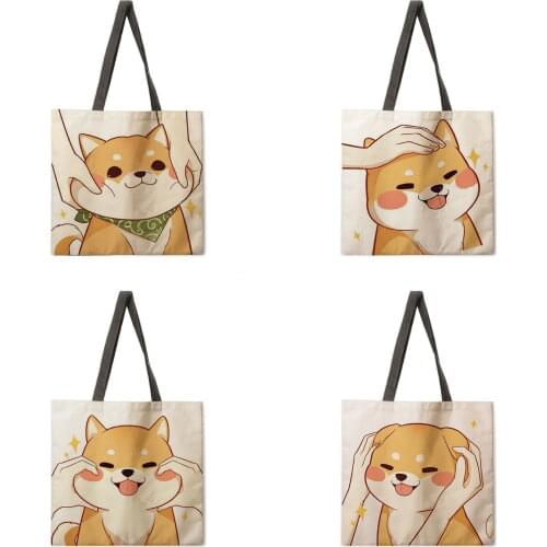 Cute Shiba Inu Printed Tote Bag Womens Casual Portable Ladies Shoulder Bag Foldable Shopping Bag Outdoor Beach Bag