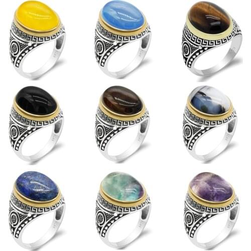 Turkish Natural Stone Rings for Male 925 Sterling Silver TIger Eyes/Lapis Lazuli/Agate Stone Vintage Punk Men Ring Jewelry Gift