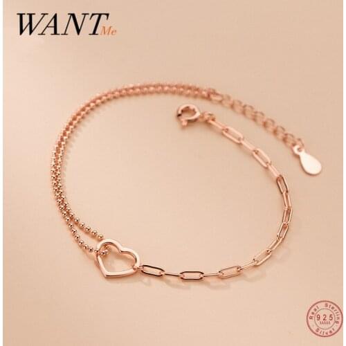 WANTME 925 Sterling Silver Simple Romantic Love Heart Punk Bead Link Chain Charm Bracelet for Women Korean Wedding Jewelry Gift