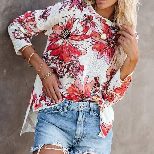 Flower Print Knitted T-shirt Female Autumn Fashion Long Sleeve Irregular Hem Pullover Casual Loose O-Neck Tops Plus Size S-5XL
