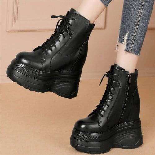 Women Lace Up Genuine Leather Hidden Wedges High Heel Motorcycle Boots Female Winter Chunky Platform Pumps Shoes Casual Shoes
