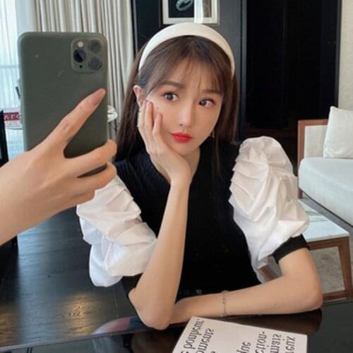 Chic Women Pullover Sweater Summer 2020 New Fashion Puff Sleeve Stretch Knit Body Patched Poplin Sleeve Modern Lady Ruffles Tops