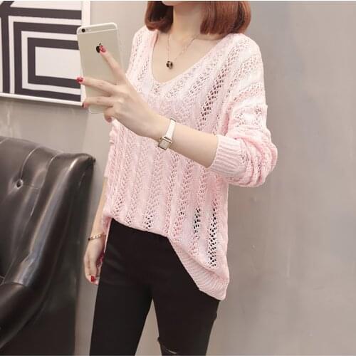 Harteen 2021 Spring Autumn Tops Femme Korean Fashion Hollow Knit Sweater Loose Pullover Thin Solid Long Sleeve Womens Clothes