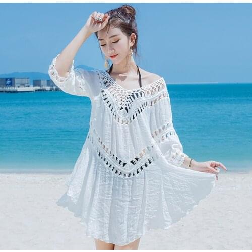 Sexy Hollow Out Beach Dress Lady Bikini Blouse Dress 2021 Summer Women Sexy Bikini Blouse Female Sunblock Dress Bathing Suit Top