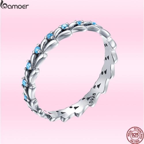BAMOER Blue Ocean Wave Stackable Finge Rings for Women Small Size Korean Style 925 Sterling Silver Fine Jewelry GXR162