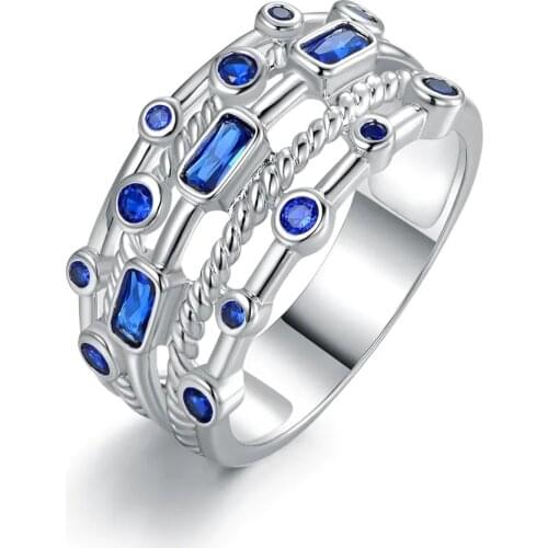 2021 New Trendy Blue Green Color Round Rectangle Eternity Band Ring for Women Anniversary Gift Jewelry Wholesale R6599