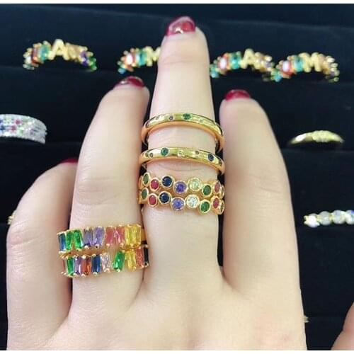 2021 summer women fashion gold color engagement band ring pave rainbow colorful cubic zirconia CZ classic trendy female jewelry