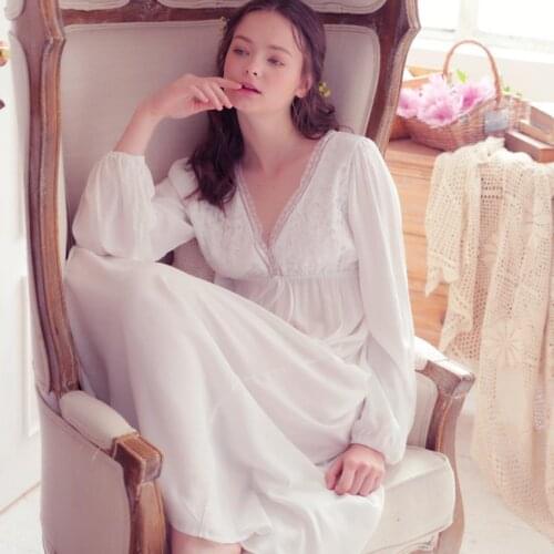 Retro Palace Sleeping dress Women Spring & Autumn V-Neck Lace Cotton sexy Sleeping Dress Princess sleepwear wj634 free shipping