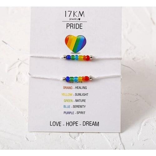 2 pcs/set Mixed Rainbow Glass Beads Rope Bracelet String Friendship Beaded Card Gay Lesbian Wish Gift Couple Pride Lucky Jewelry