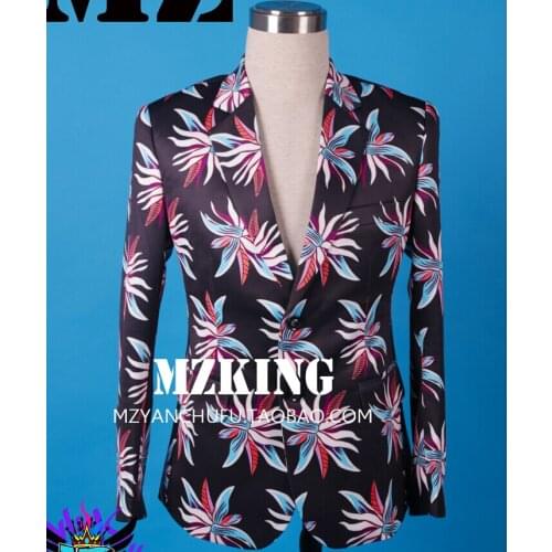 2020 Plus Size Male Blazer Loser Black Blue Flowers Suit Costumes Gd Men Slim Nightclub Men Singer Costume Formal Dress