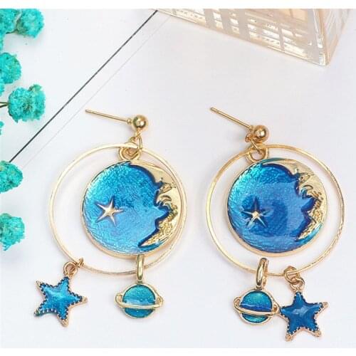 CRLEY Magic Blue Moon Star Drop Earring Starry Sky Twinkle Star Moon Planet Magical Galaxy Gold Chain Earring Gifts Jewelry