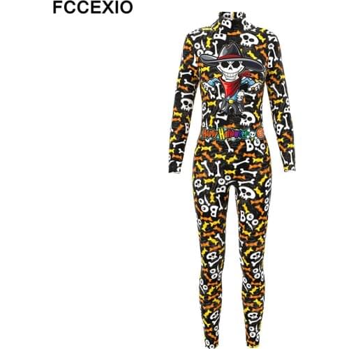 FCCEXIO Halloween Party Cosplay Costumes Women Pirate Skull Print Catsuits Adult Fashion Gothic Bodysuits One-piece Clothing