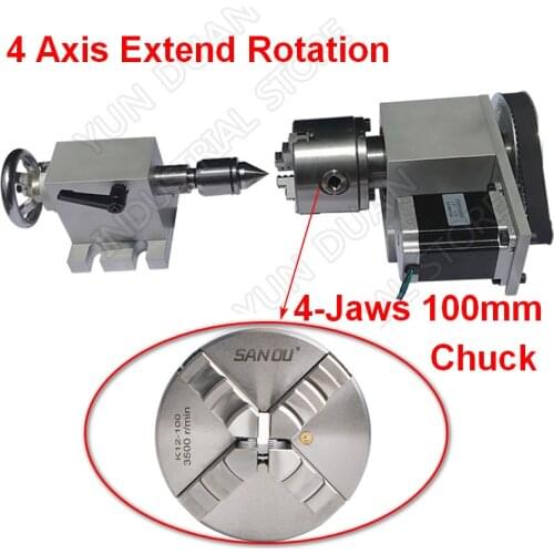 4 Axis Rotation A Axis Extend Rotary 4 Jaw 100mm Chuck & Nema23 Motor & MT2 Tailstock for Wood Metal Plastic CNC Milling Router