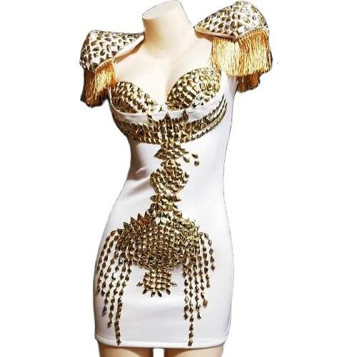 Short Sleeve Shiny Gold Tassel Tight Stretch White Mini Dress Sparkly Diamond Women Dress Bling Stage Dance Nightclub Show Wear